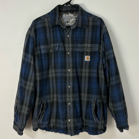 Carhartt Men's Blue Gray Plaid Flannel Shirt Jacket Sherpa Lined Size L Thrashed - Picture 1 of 11